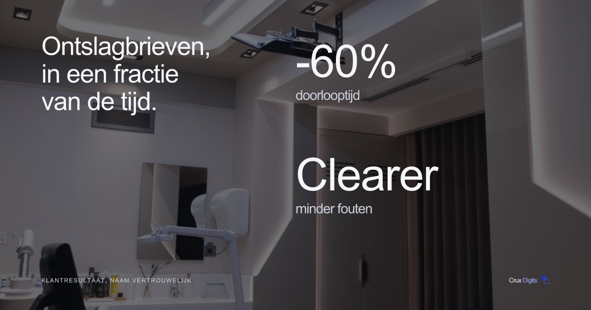 Crux Digits casestudy: AI-automatisering van ontslagbrieven met klinische NLP, 60% snellere doorlooptijd (klantresultaat).