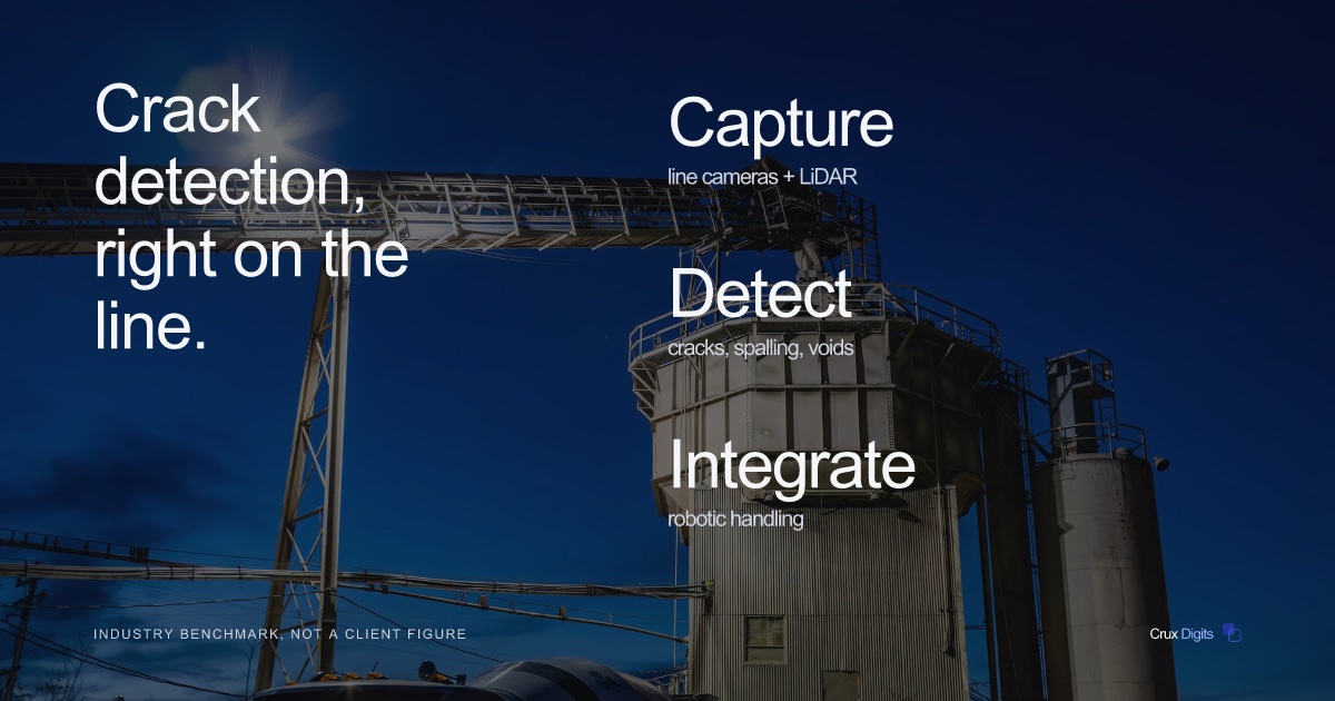 Crux Digits case study: AI concrete crack detection for precast segments, real-time edge computer vision on the production line.
