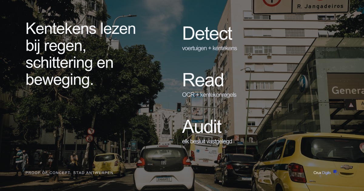 Crux Digits casestudy: AI-kentekenherkenning voor milieuzones, real-time ANPR met volledig audittrail.