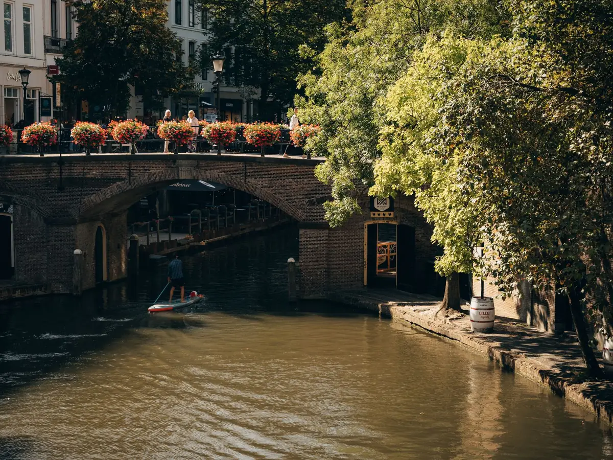 A canal with a brick bridge in Utrecht.