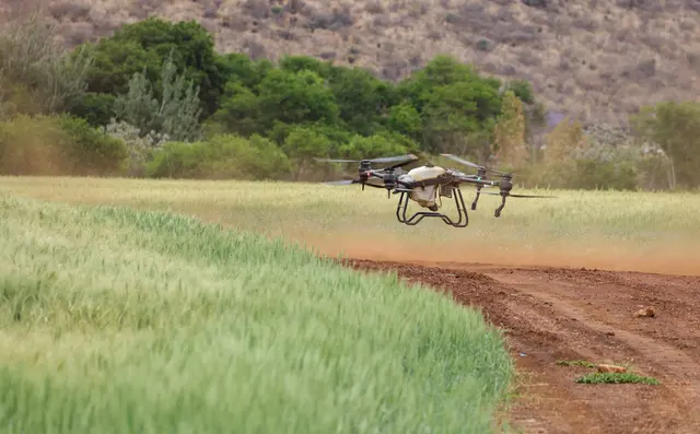 Drone flying above a crop field for aerial monitoring