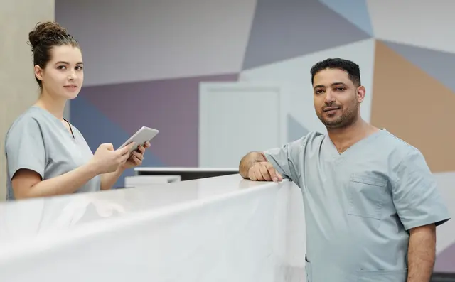 Nurse at a hospital reception desk