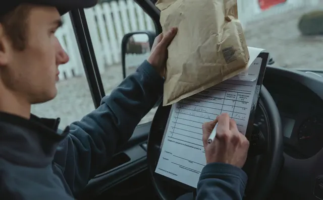 Freight paperwork on a clipboard in a warehouse