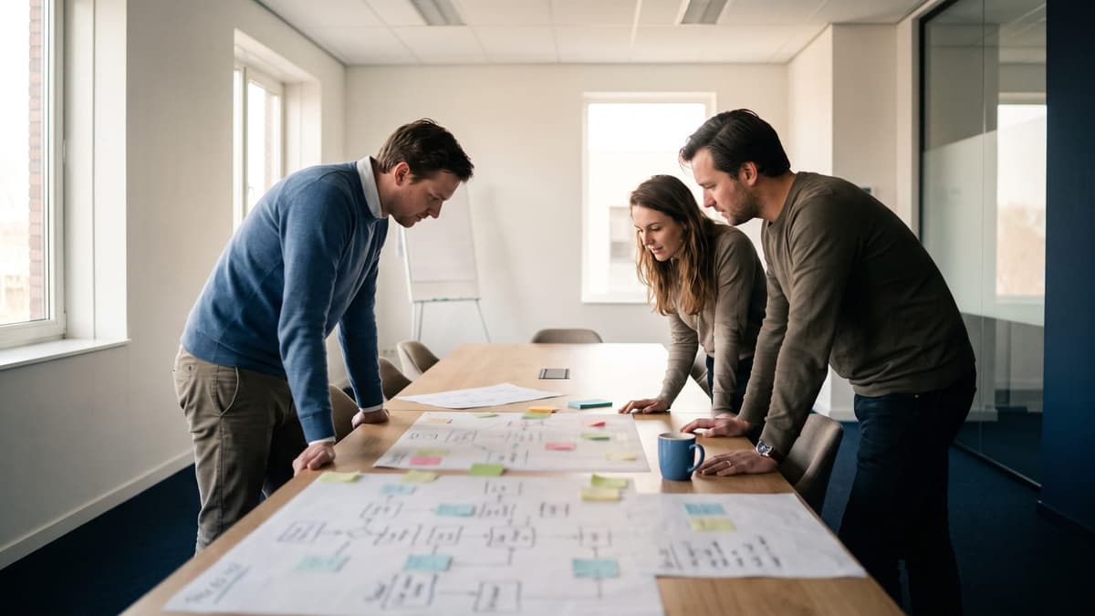 Three people in a working session around a table of printed process diagrams