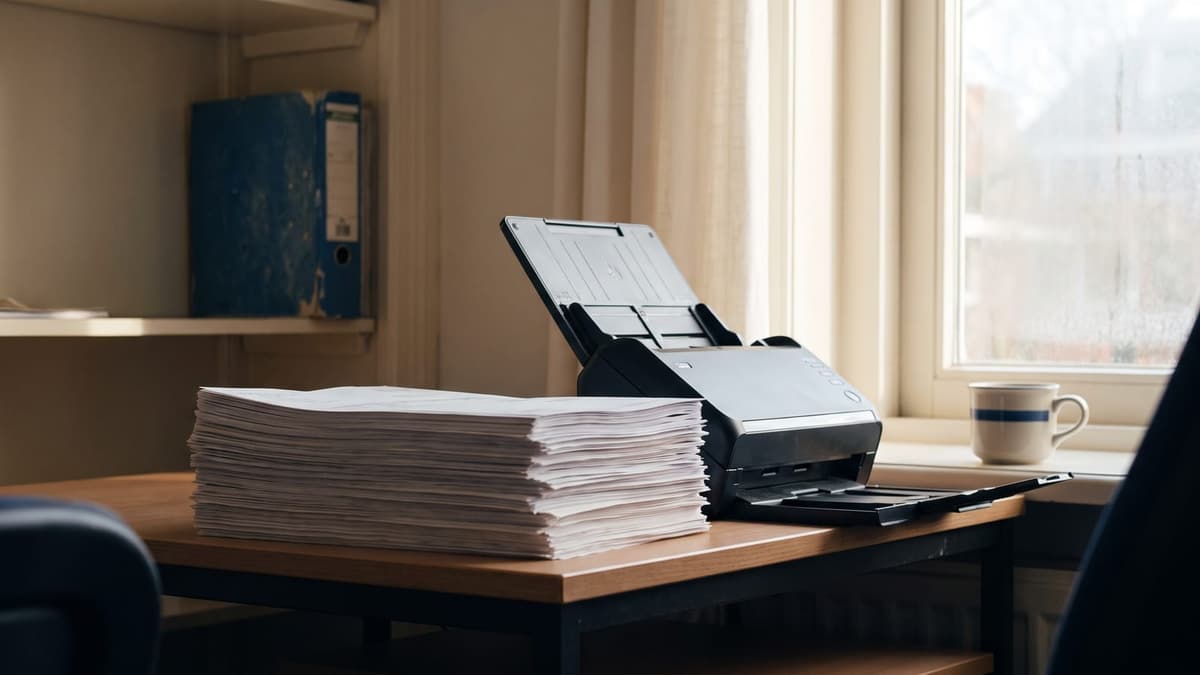 A stack of paper invoices beside a document scanner in a small-business office