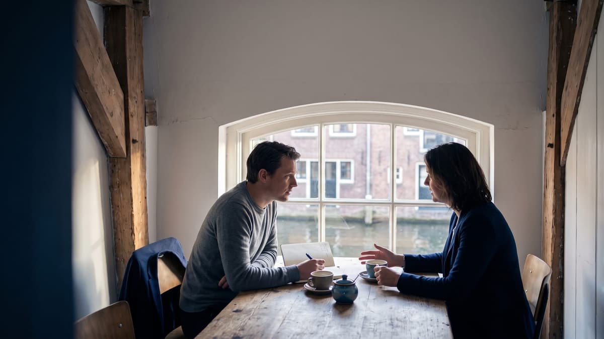 Two people in a first conversation at a table in an Utrecht canal-house office