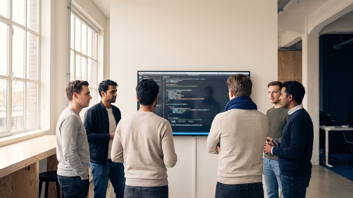 An engineering team around a large wall screen during a code review