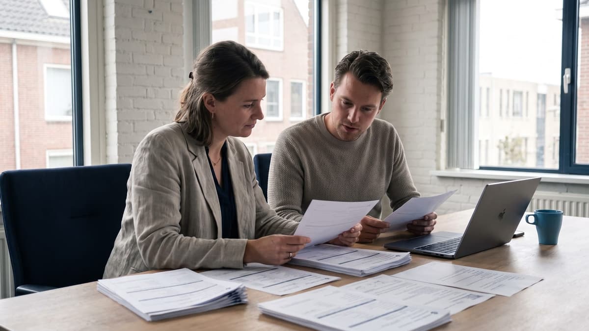 Een mkb-ondernemer en een accountant aan tafel met formulieren en een laptop