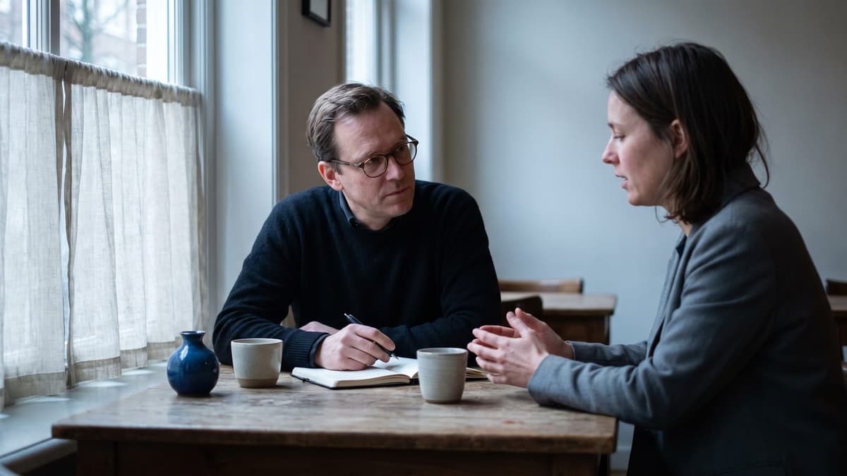 A first meeting across a table, one person listening with a notebook