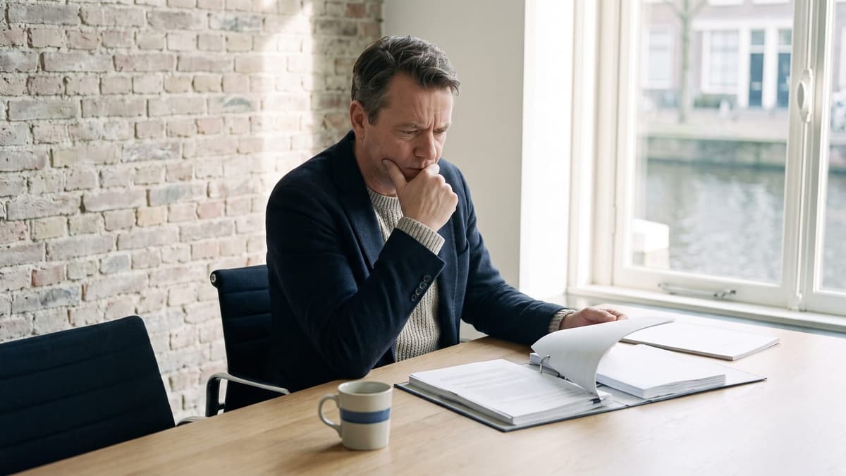 A business owner comparing two printed proposals at a meeting table