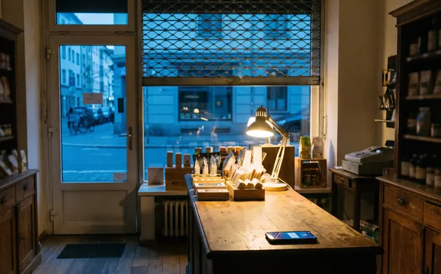 A shop interior at dusk, shutter half down, a phone glowing on the counter