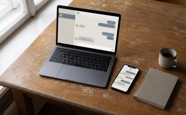 A laptop and a phone on a desk, both showing a chat thread