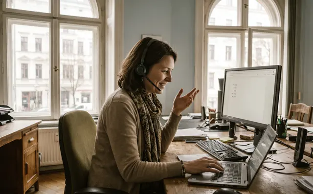 A support agent at a desk wearing a headset, mid-conversation