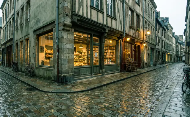 A European street at dawn with small shop fronts lit
