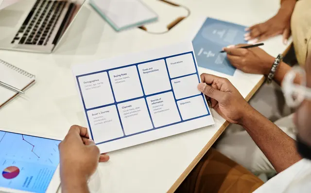 A team reviewing a content plan on paper